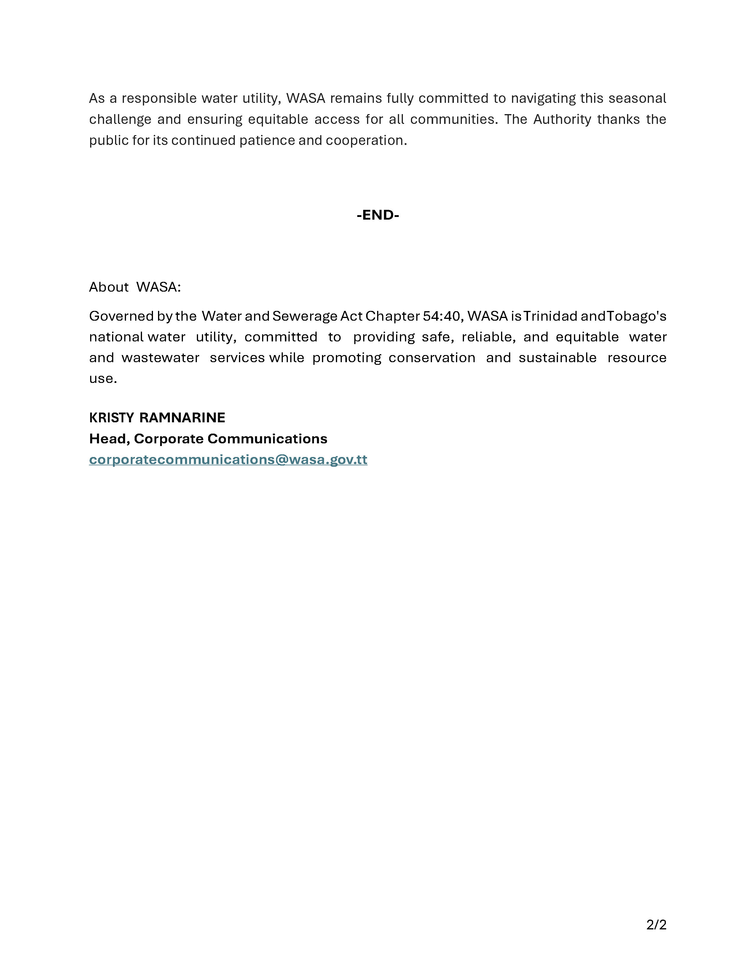 WASA Manages Lingering Dry Season Conditions